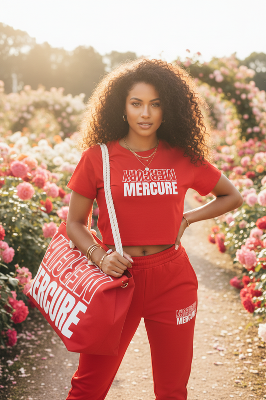 LADY MERCURE – Crop Top, Red Joggers & Weekender Bag